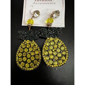 Felt & Rhinestone Yellow & Black PINEAPPLE Drop Dangle Earrings
